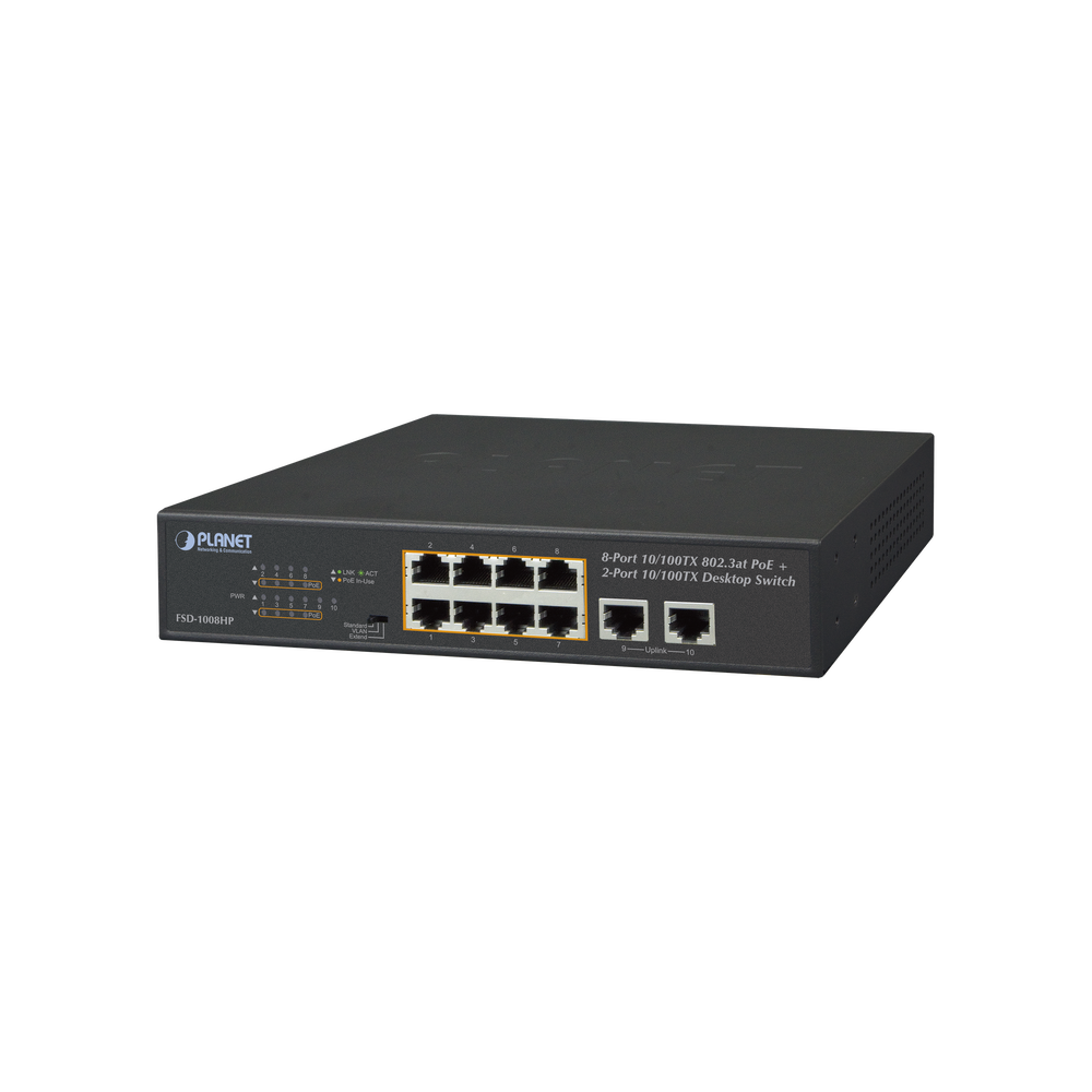 Switch No Administrable, 8 puertos PoE 802.3af/at 30 W, hasta 250 m, 2 puertos Uplink