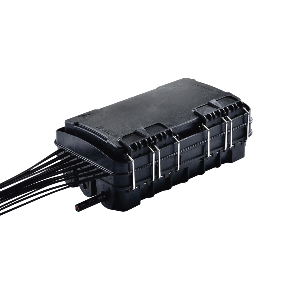 Caja de Distribución de Fibra Óptica para 24 Empalmes, con 8 acopladores SC/APC simplex, Exterior IP65, Color Negro