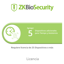Licencia para ZKBiosecurity permite agregar 5  dispositivos para tiempo y asistencia adicionales (requiere licencia de 25 dispositivos o mas)
