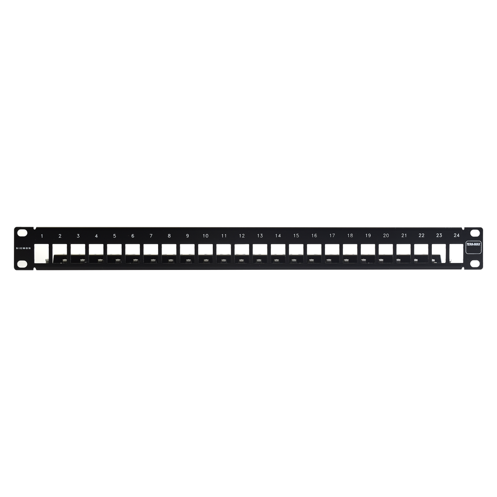 Patch Panel TERA-MAX Blindado de 24 Puertos, Modular, Plano, Color Negro, 1UR