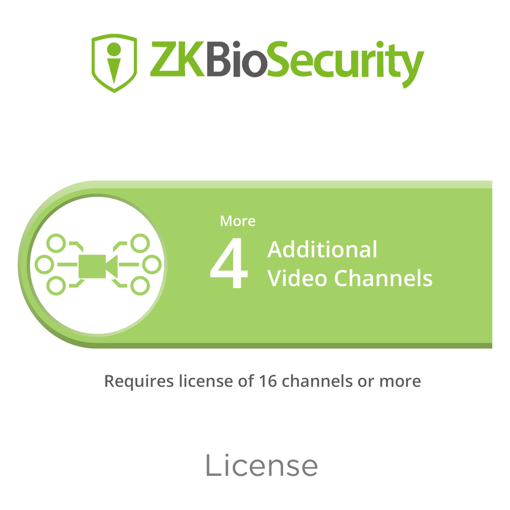 Licencia para ZKBiosecurity para modulo de video para 4 canales de video adicionales (requiere licencia de 16 canales o mas)