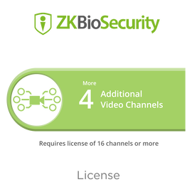 Licencia para ZKBiosecurity para modulo de video para 4 canales de video adicionales (requiere licencia de 16 canales o mas)