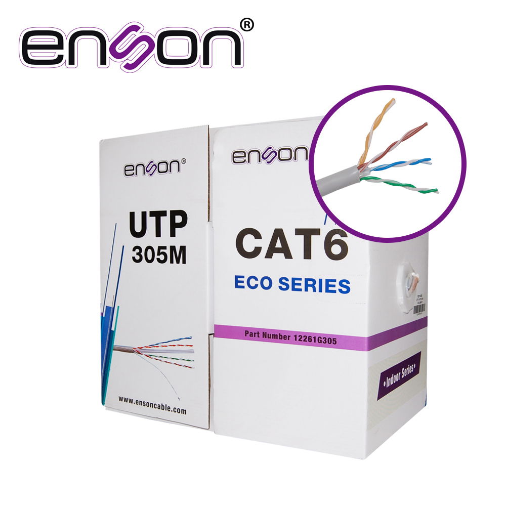 CABLE UTP CAT6 ENSON 12261G305 SERIE ECO CALIBE 23 AWG CCA BOBINA DE 305 METROS FORRO PVC COLOR GRIS USO INTERIOR RECOMENDADO PARA TRANSMISION DE DATOS BASE 10,100,1000