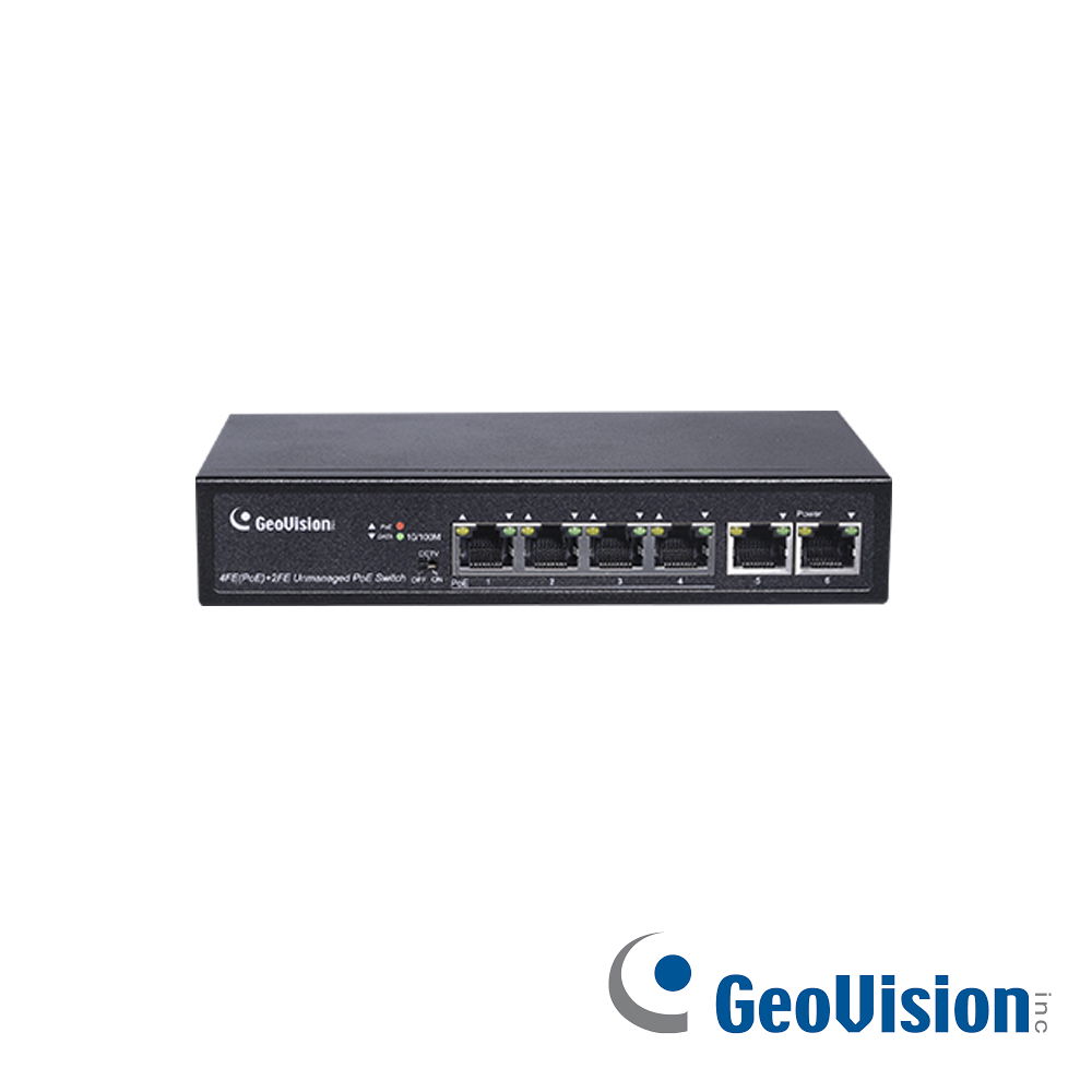 SWITCH GEOVISION GV-APOE0400 POE NO ADMINISTRADO 10/100 MBPS 4 PUERTOS POE IEEE 802.3AT, 32W POR PUERTO 2 PUERTOS FAST ETHERNET