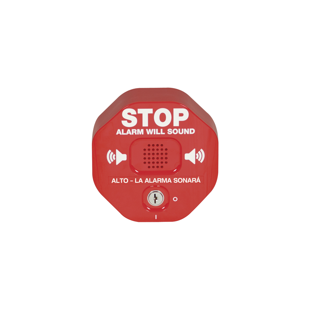 Anunciador Audible y Visible para Salida de Emergencia de Doble Hoja, Texto en Inglés y Etiquetas en Múltiples Idiomas