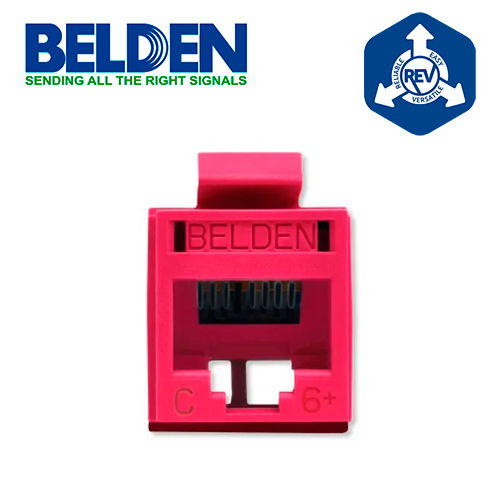 CONECTOR MODULAR JACK RJ45 CAT6 REVCONNECT BELDEN RV6MJKURD-S1  ESTILO KEYCONNECT ROJO COMPATIBLE CON FACEPLATE AX102660,AX102655,AX102249 ESQUEMA DE CABLEADO T568A/B HERRAMIENTA COMPATIBLE RVUTT01 USO INTERIOR CALIBRE DEL CONDUCTOR 23-24 AWG
