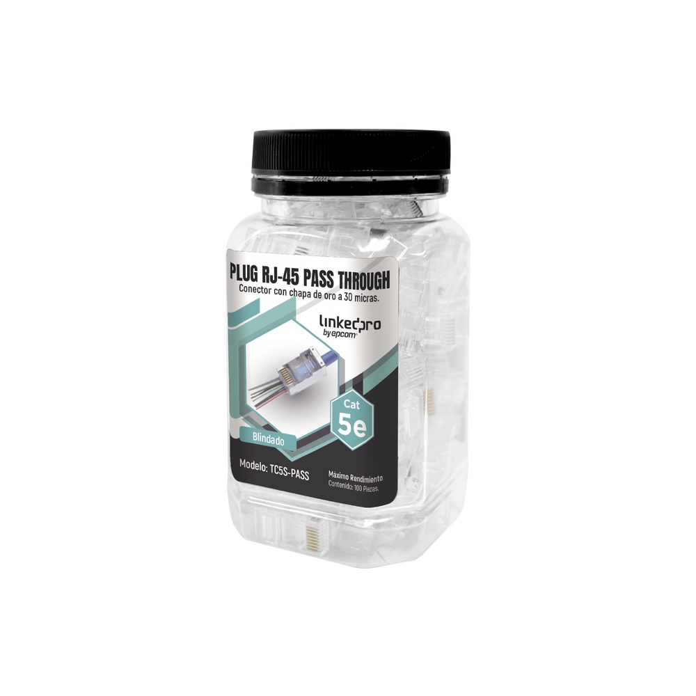 Bote con 100 Plugs Pass through RJ45 Cat5e BLINDADO, chapado de oro a 30 micras para durabilidad extrema