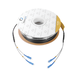 Carrete de Fibra Óptica Monomodo con conectores SC-SC Duplex, Reforzada con Kevlar, de 150 metros