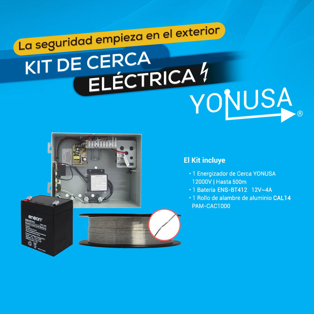 KIT EB ALAMBRE+BATERIA+ENERGIZADOR YONUSA EY NG 12000 1x+ ENS-BT412 O EQUIVALENTE + 1x ROLLO ALAMBRE DE ALUMINIO PAM-CAC1000