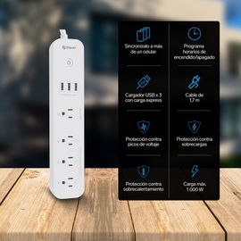 Multicontacto Wi-Fi* de 4 salidas horizontales y triple cargador USB