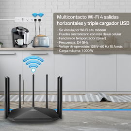 Multicontacto Wi-Fi* de 4 salidas horizontales y triple cargador USB
