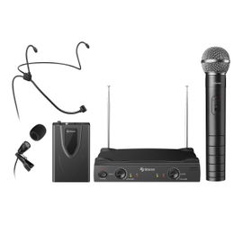 Sistema de 2 micrófonos inalámbricos VHF, de mano y solapa o diadema