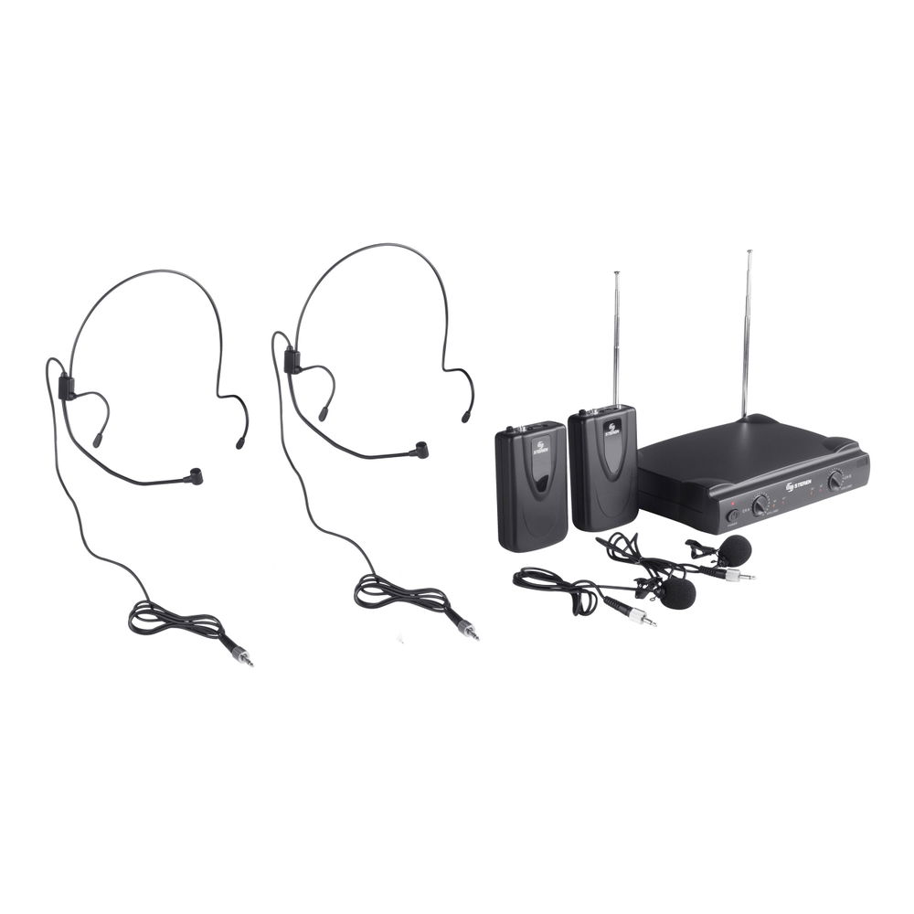 Sistema de 2 micrófonos inalámbricos VHF, de solapa y nuca Sistema de 2 micrófonos inalámbricos VHF, de solapa y nuca