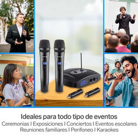 Sistema profesional de 2 micrófonos inalámbricos UHF, con batería recargable