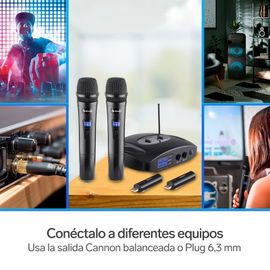 Sistema profesional de 2 micrófonos inalámbricos UHF, con batería recargable