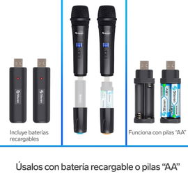 Sistema profesional de 2 micrófonos inalámbricos UHF, con batería recargable