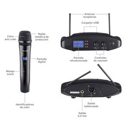 Sistema profesional de 2 micrófonos inalámbricos UHF, con batería recargable