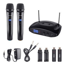 Sistema profesional de 2 micrófonos inalámbricos UHF, con batería recargable