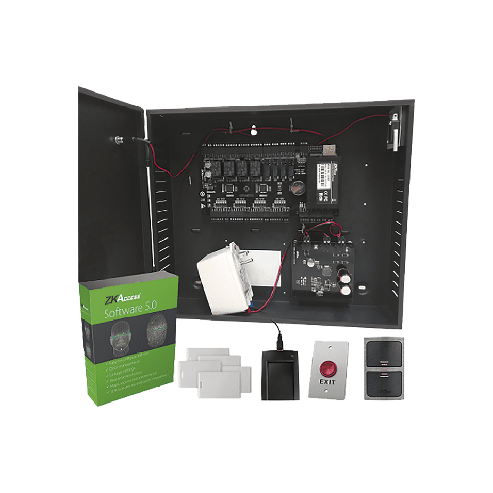 1 door kit include, 1 Panel and power supply with metal cabinet, 1 card enrollment reader, 1 Card reader, 1 exit bottom, 50 proximity cards and ZKAccess Software