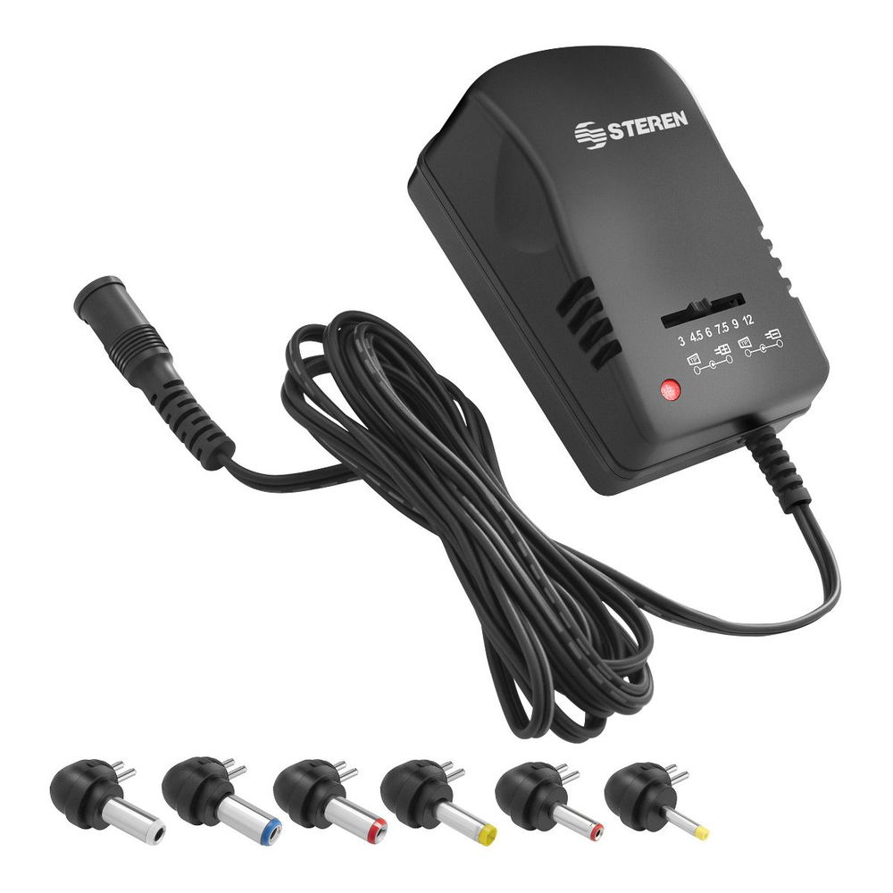 Eliminador regulado de 3 a 12 Vcc, 1,2 A con puntas intercambiables, negro Eliminador regulado de 3 a 12 Vcc, 1,2 A con puntas intercambiables, negro