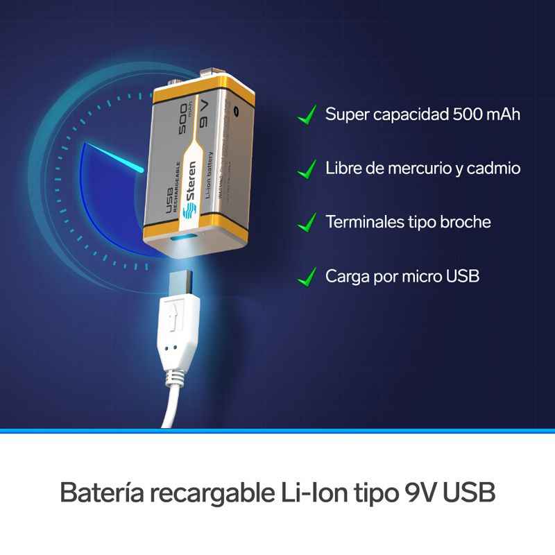 Batería recargable USB Li-ion cuadrada de 9V 400mAh - Guatemala