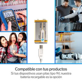 Batería recargable USB Li-Ion tipo 9V (cuadrada), de 500 mAh Batería recargable USB Li-Ion tipo 9V (cuadrada), de 500 mAh