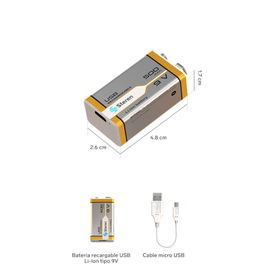 Batería recargable USB Li-Ion tipo 9V (cuadrada), de 500 mAh Batería recargable USB Li-Ion tipo 9V (cuadrada), de 500 mAh