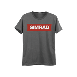 Playera gris talla extra grande con logo de SIMRAD.