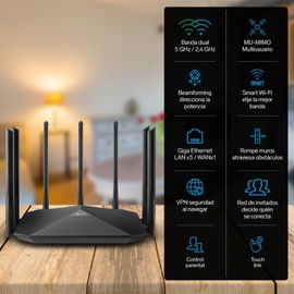 Repetidor / Router Wi-Fi*, 2,4 GHz y 5 GHz (B/G/N/A/AC), hasta 45 m de cobertura