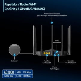 Repetidor / Router Wi-Fi*, 2,4 GHz y 5 GHz (B/G/N/A/AC), hasta 45 m de cobertura
