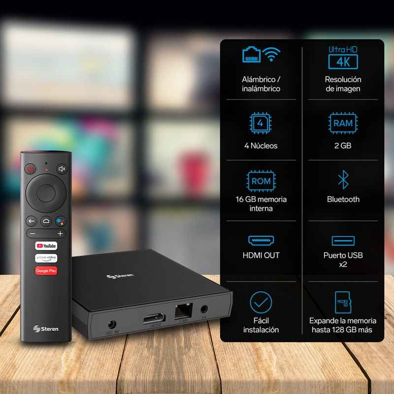 Electronica LUCAS - SMART TV BOX 4K. Un aparato similar al chromecast, con  Android, memoria interna para descargar las aplicaciones a utilizar,  soporta 4k, cuatro puertos usb, control remoto y muy fácil