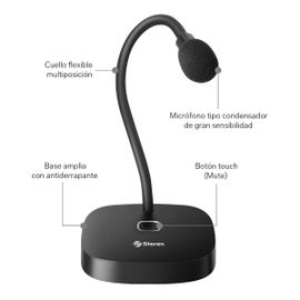 Micrófono USB de condensador con cuello flexible y botón touch