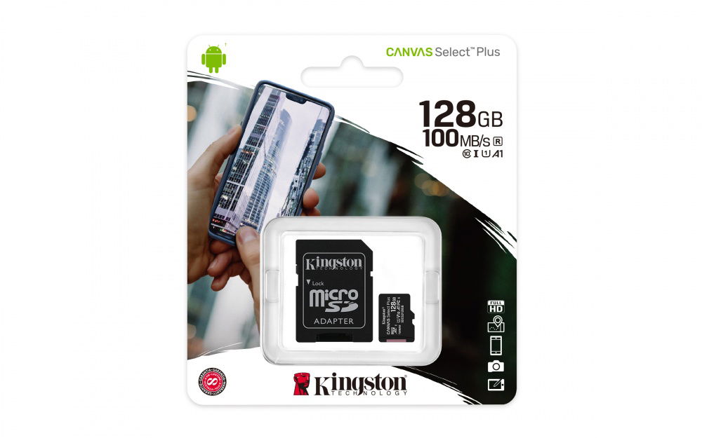 Memoria Flash Kingston Canvas Select Plus, 128GB MicroSDXC UHS-I Clase 10, con Adaptador Memoria Flash Kingston Canvas Select Plus, 128GB MicroSDXC UHS-I Clase 10, con Adaptador