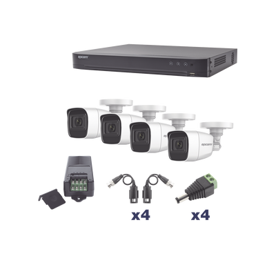 KIT TurboHD 1080p / DVR 4 Canales / 4 Cámaras Bala Policarbonato con Audio Integrado (exterior 2.8 mm) / Transceptores / Conectores / Fuente de Poder Profesional