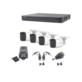 KIT TurboHD 1080p / DVR 4 Canales / 4 Cámaras Bala Policarbonato con Audio Integrado (exterior 2.8 mm) / Transceptores / Conectores / Fuente de Poder Profesional