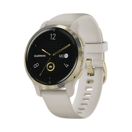 Reloj Garmin Venu 2S color beige en bisel de acero inoxidable, con funciones premium como almacenamiento y reproducción de hasta 2000 canciones.