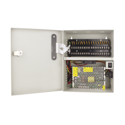 NUEVA VERSION Fuente de Poder profesional para 16 cámaras, voltaje variable de 11 ~ 15Vcc ; 20 Amper para LARGAS DISTANCIAS con salidas protegidas; UL ; Voltaje de entrada : 90-160 Vca