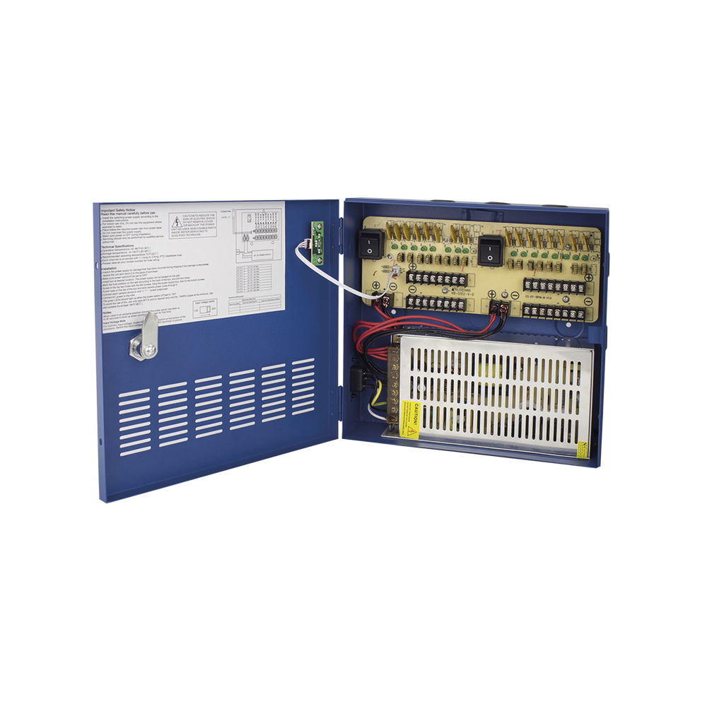 Fuente de poder profesional HEAVY DUTY de 11 - 15 Vcd @ 20 Amper, para 16 cámaras, con voltaje de entrada de: 110-220 Vca