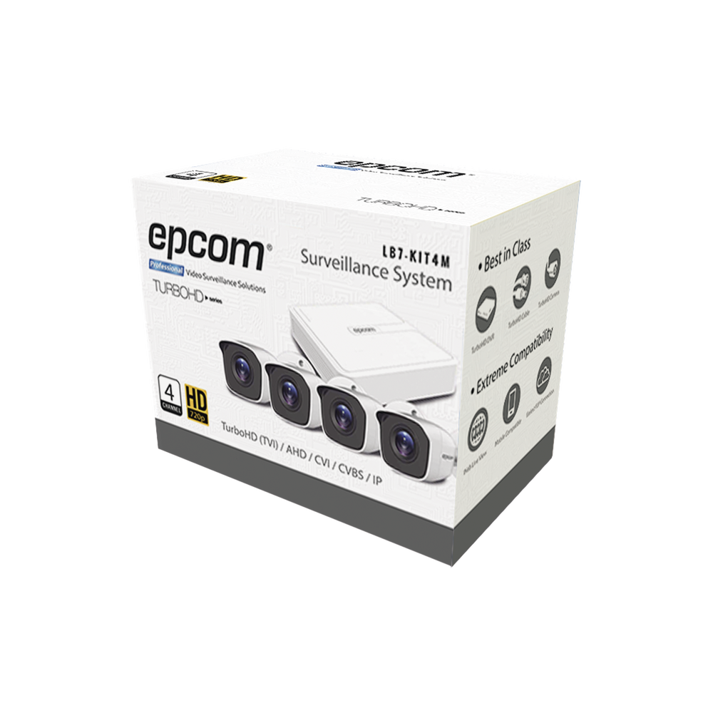 Kit TurboHD 720p / DVR 4 canales / 4 Cámaras Bala de Policarbonato / 4 Cables 18 Mts / 1 Fuente de Poder Profesional / Compatible con Hik-Connect P2P