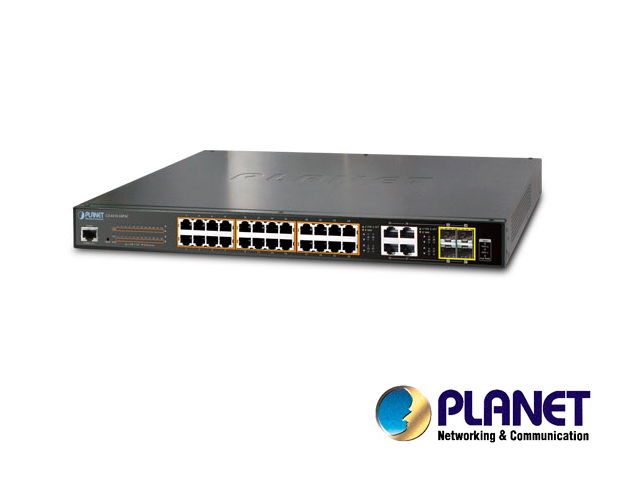 SWITCH ADMINISTRABLE PLANET GS-4210-24PL4C / 28 PUERTOS RJ45 10/100/1000 Mbps / 4 PUERTOS SFP 100/1000 Mbps / 24 PUERTOS CON INYECTOR PoE 802.3AT/AF / 1 PUERTO SERIE RS-232 A RJ45 / RECINTO DE METAL / 3 VENTILADORES / VLAN / 520 WATTS / MONTAJE EN RA SWITCH ADMINISTRABLE PLANET GS-4210-24PL4C / 28 PUERTOS RJ45 10/100/1000 Mbps / 4 PUERTOS SFP 100/1000 Mbps / 24 PUERTOS CON INYECTOR PoE 802.3AT/AF / 1 PUERTO SERIE RS-232 A RJ45 / RECINTO DE METAL / 3 VENTILADORES / VLAN / 520 WATTS / MONTAJE EN RA