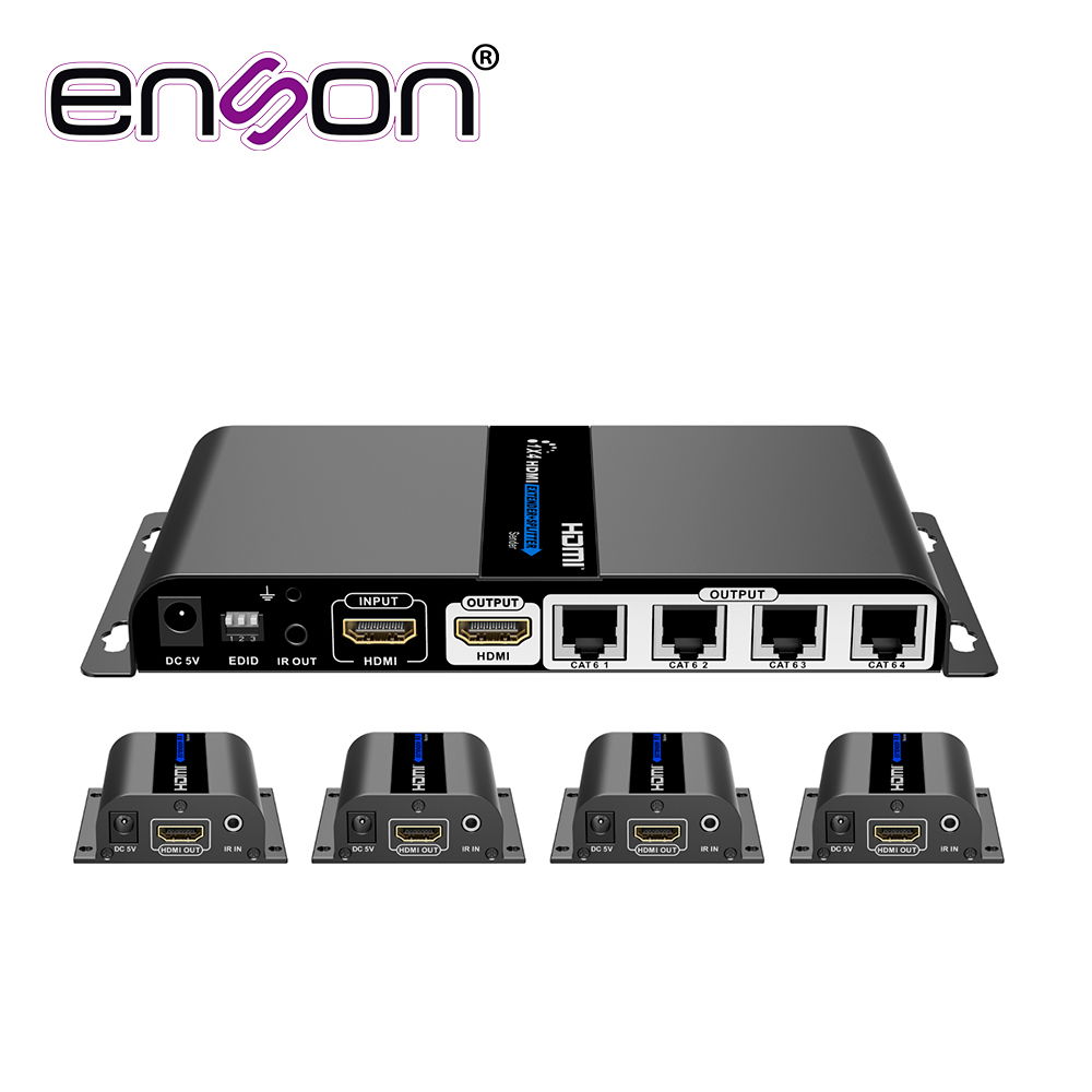DISTRIBUIDOR EXTENSOR HDMI ENSON ENS-EX704 CON 4 EXTENSORES DE HASTA 40MTS CON CABLE 100% COBRE CAT6 A 1080P SALIDA HDMI LOCAL HDMI-LOOP Y CONTROL DE IR