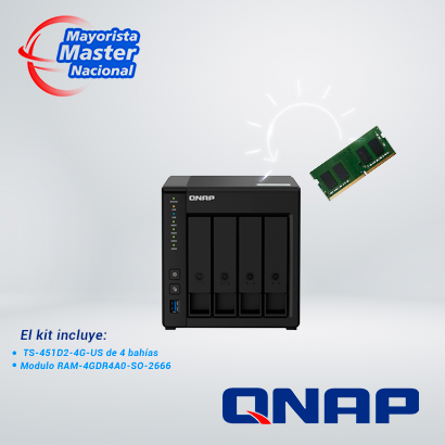 KIT QNAP 4-BAY NAS 1x TS-451D2-4G-US + 1x MODULO RAM QNAP RAM-4GDR4A0-SO-2666