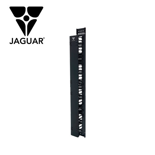 ORGANIZADOR VERTICAL JAGUAR NCS-NRE-VOP-42HT PARA GABINETES NCS 42UR CON PEINES DE POLICARBONATO CON RETARDANTE A LA FLAMA TAPA REMOVIBLE Y ABATIBLE POSIBILIDAD DE SUJECIÓN DE CABLE CON CINCHOS VELCRO O PIOLA PESO DE 10 KG CUMPLE CON LA NORMA EIA