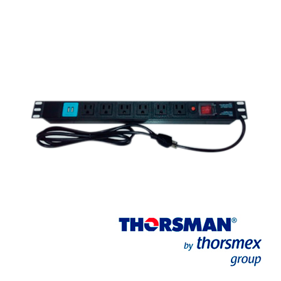 BARRA PDU 6 CONTACTOS MAS DOS USB THORSMAN THE0040091001001 P-RACK 19” HORIZONTAL, COLOR NEGRO, BOTÓN DE ENCENDIDO CON SISTEMA DE SEGURIDAD, CARCASA DE ALEACIÓN DE ALUMINIO, USO INTERIOR, CAJA CON UNA PIEZA, CUENTA CON CERTIFICADOS NOM - 003 - SCFI –