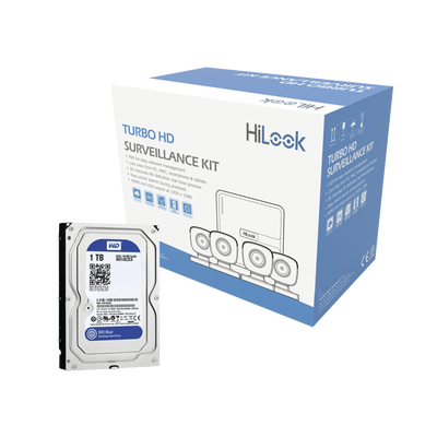 KIT TurboHD 720p + DISCO DURO 1TB / DVR 4 canales / 4 Cámaras Bala de Policarbonato / 4 Cables 18 Mts / 1 Fuente de Poder Profesional