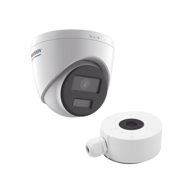 KIT DE CÁMARA + MONTAJE / Turret IP 2 Megapixel / Imagen a Color 24/7 / PoE / Lente 2.8 mm / Luz Blanca 30 mts / Exterior IP67 / dWDR