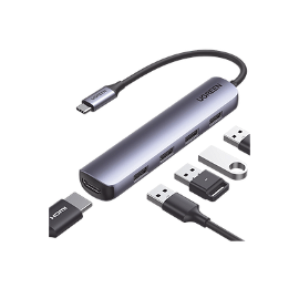 HUB USB-C Multipuertos / 4 Puertos USB-A 3.0 /  HDMI 4K@30Hz / USB 3.0 a 5Gbps / Chip Inteligente Incorporado / 5 en 1 / Carcasa de Aluminio.