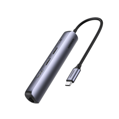 HUB USB-C (Docking Station) 5 en 1 | Ultra Delgado | 2 USB-A 3.1 a (5 Gbps) | HDMI 4K@60Hz | RJ45 (Gigabit Ethernet) | USB-C PD Carga Rápida 100W | Protección Múltiple | Chips Inteligentes | Pequeño y Ligero | Caja de Aluminio.