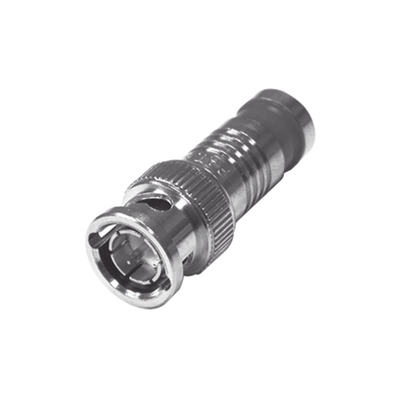 Conector BNC Macho en 75 Ohm, Montaje de Compresión Axial para Cable Coaxial RG-6/U, Níquel/ Oro/ Teflón.