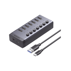 HUB de 7 Puertos USB 3.0  / 4 puertos de Carga Inteligente / Interruptor Individual / Indicadores LED / USB 3.0 a 5Gbps / 1 USB-C Hembra (solo datos) / Incluye Adaptador de Corriente 12V 2A / 7 en 1